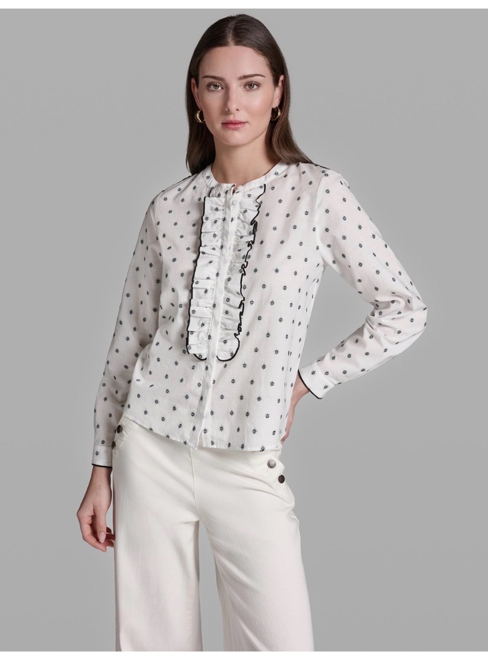 BCBG White Polka Dot Ruffle-Front Blouse